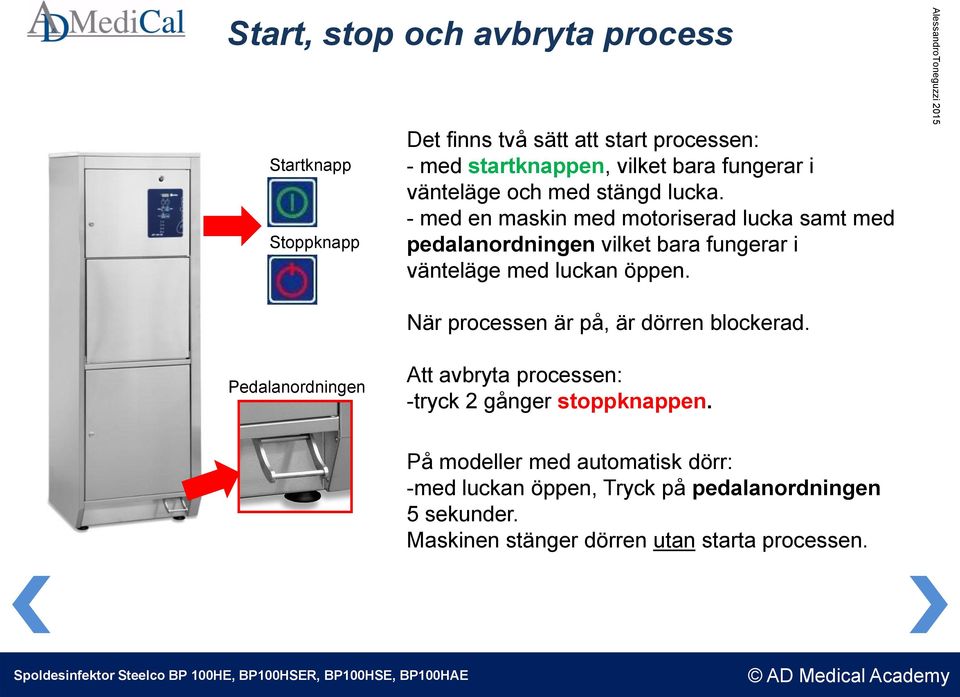 När processen är på, är dörren blockerad. Pedalanordningen Att avbryta processen: -tryck 2 gånger stoppknappen.