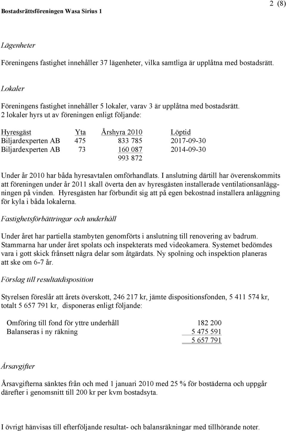 hyresavtalen omförhandlats. I anslutning därtill har överenskommits att föreningen under år 2011 skall överta den av hyresgästen installerade ventilationsanläggningen på vinden.