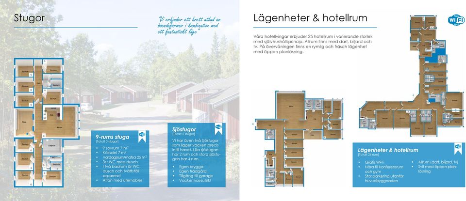 9-rums stuga [Totalt 3 stugor] 9 sovrum 7 m 2 Köksdel 7 m 2 Vardagsrum/matsal 25 m 2 3st WC med dusch I två badrum är WC, dusch och tvättställ separerat Altan med utemöbler Sjöstugor [Totalt 2
