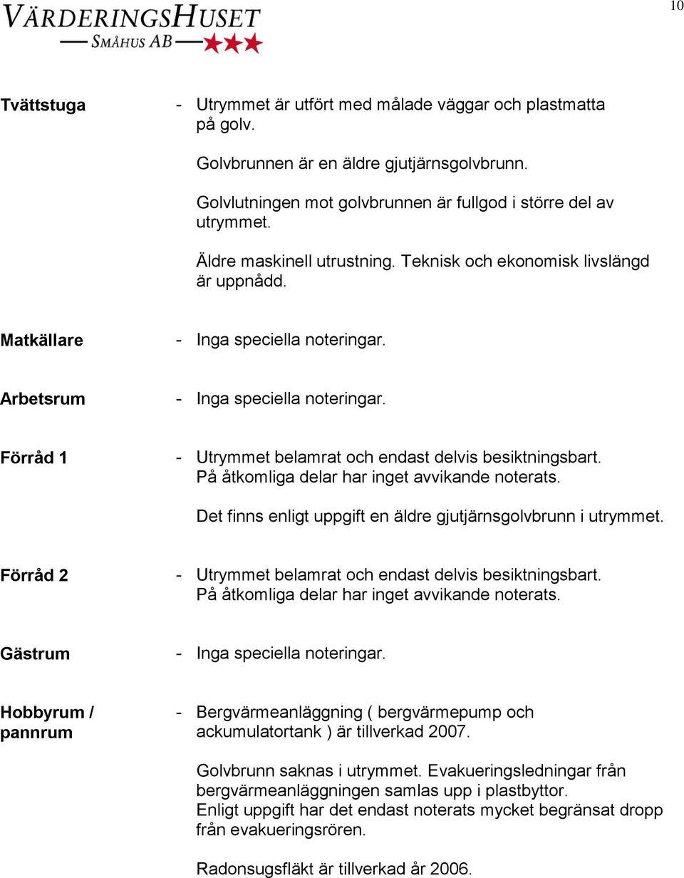 På åtkomliga delar har inget avvikande noterats. Det finns enligt uppgift en äldre gjutjärnsgolvbrunn i utrymmet. Förråd 2 - Utrymmet belamrat och endast delvis besiktningsbart.