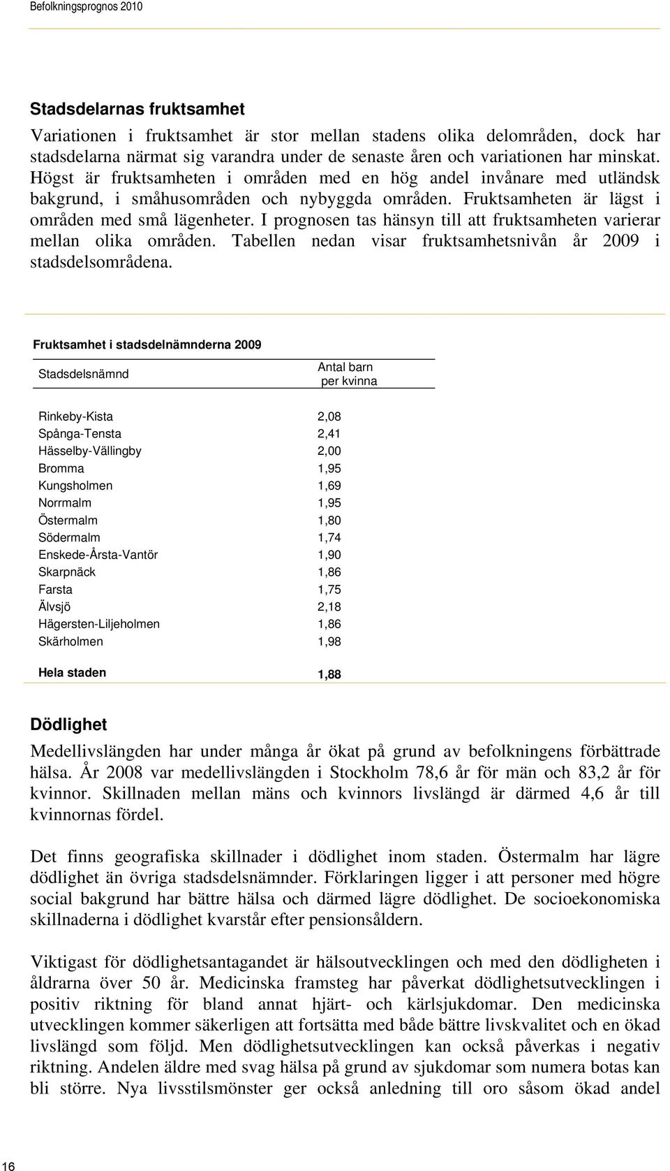 I prognosen tas hänsyn till att fruktsamheten varierar mellan olika områden. Tabellen nedan visar fruktsamhetsnivån år 2009 i stadsdelsområdena.
