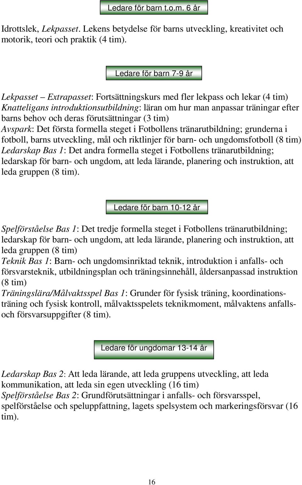 deras förutsättningar (3 tim) Avspark: Det första formella steget i Fotbollens tränarutbildning; grunderna i fotboll, barns utveckling, mål och riktlinjer för barn- och ungdomsfotboll (8 tim)