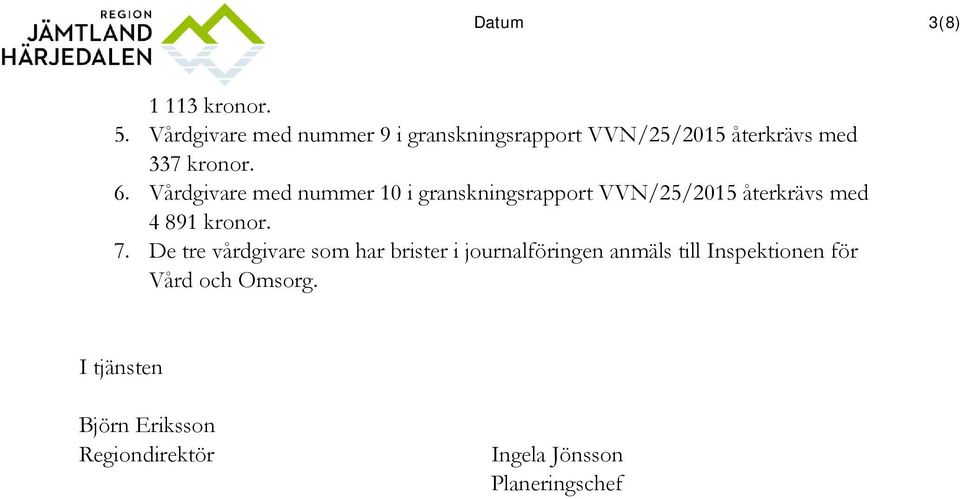 6. Vårdgivare med nummer 10 i granskningsrapport VVN/25/2015 återkrävs med 4 891