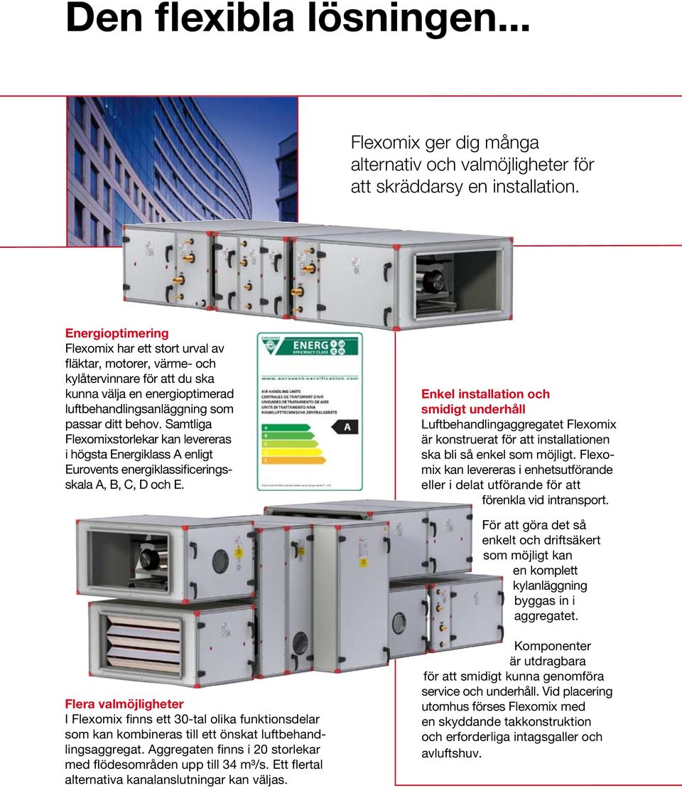 Samtliga Flexomixstorlekar kan levereras i högsta Energiklass A enligt Eurovents energiklassificeringsskala A, B, C, D och E.
