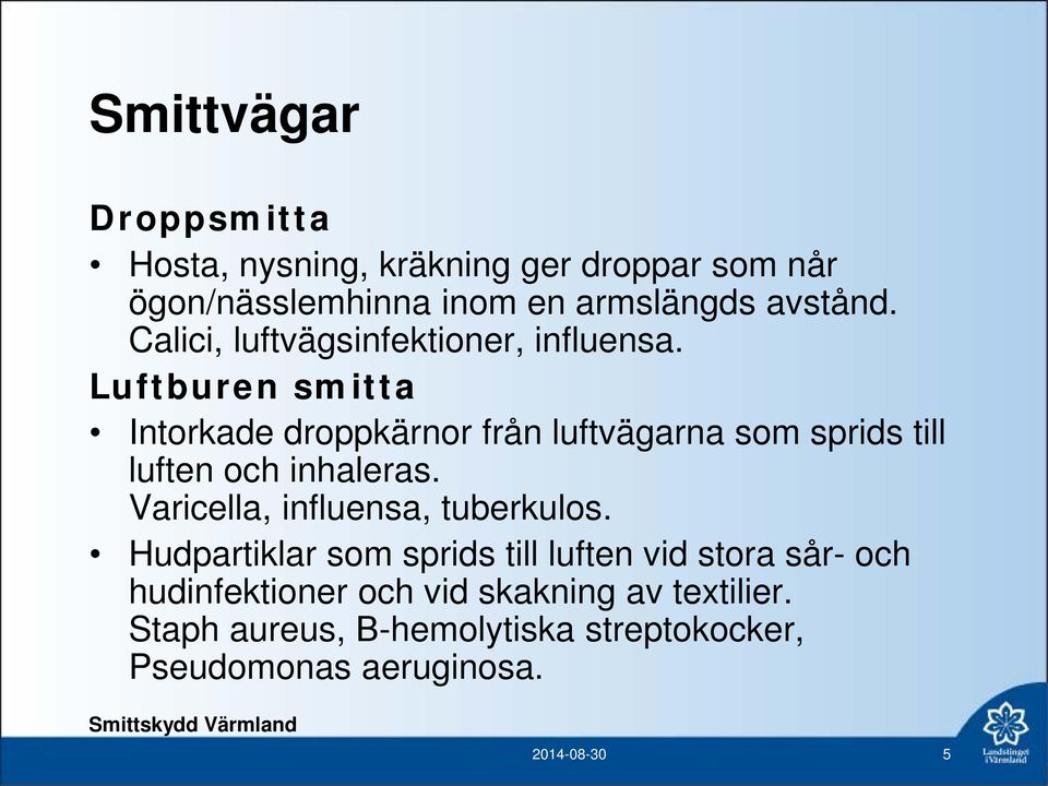 Luftburen smitta Intorkade droppkärnor från luftvägarna som sprids till luften och inhaleras.