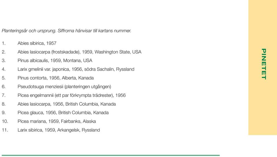 japonica, 1956, södra Sachalin, Ryssland 5. Pinus contorta, 1956, Alberta, Kanada 6. Pseudotsuga menziesii (planteringen utgången) 7.