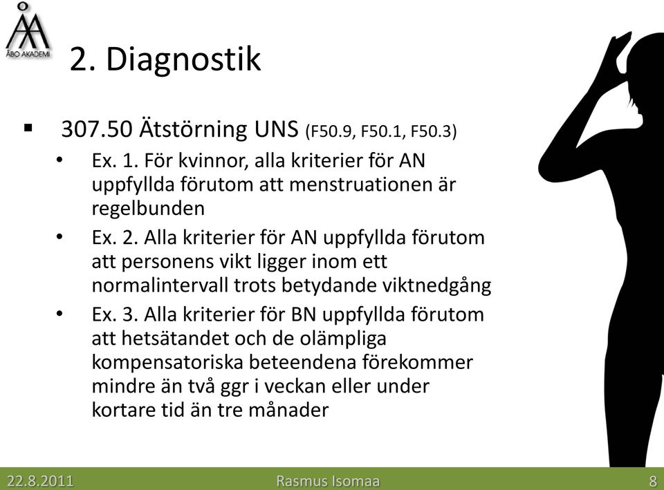 Alla kriterier för AN uppfyllda förutom att personens vikt ligger inom ett normalintervall trots betydande