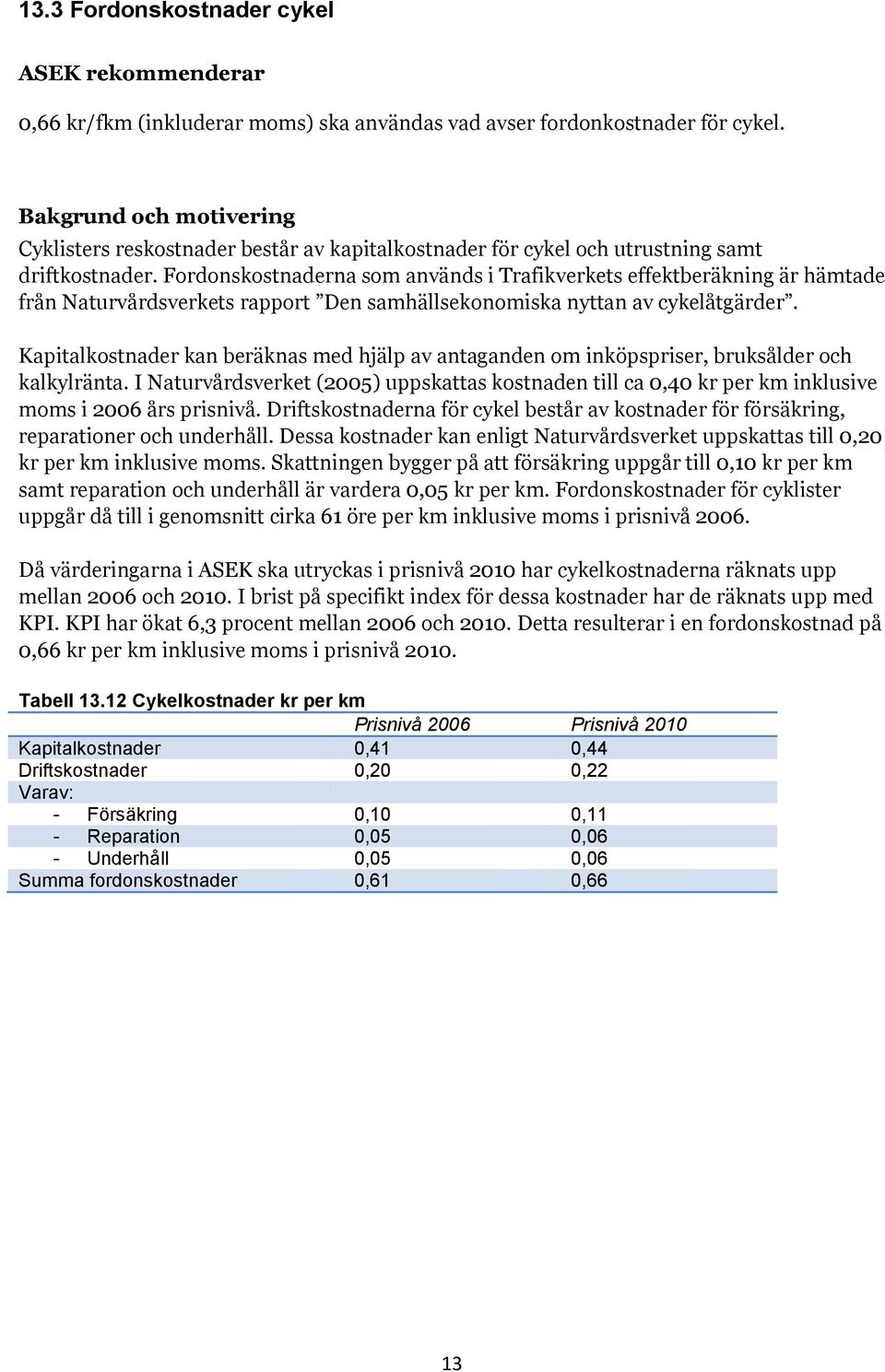 Fordonskostnaderna som används i Trafikverkets effektberäkning är hämtade från Naturvårdsverkets rapport Den samhällsekonomiska nyttan av cykelåtgärder.