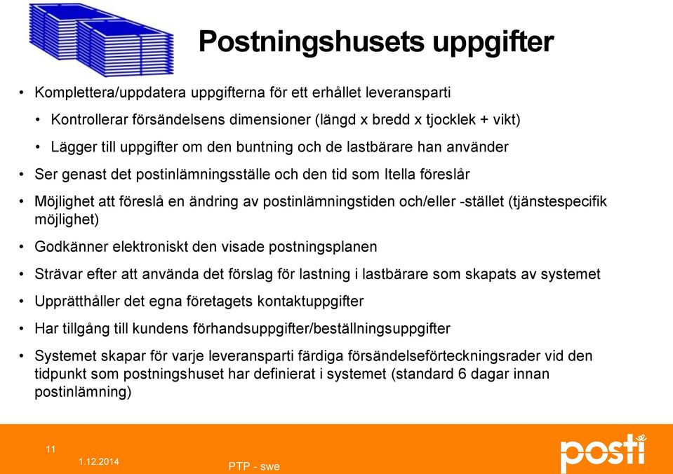 möjlighet) Godkänner elektroniskt den visade postningsplanen Strävar efter att använda det förslag för lastning i lastbärare som skapats av systemet Upprätthåller det egna företagets kontaktuppgifter