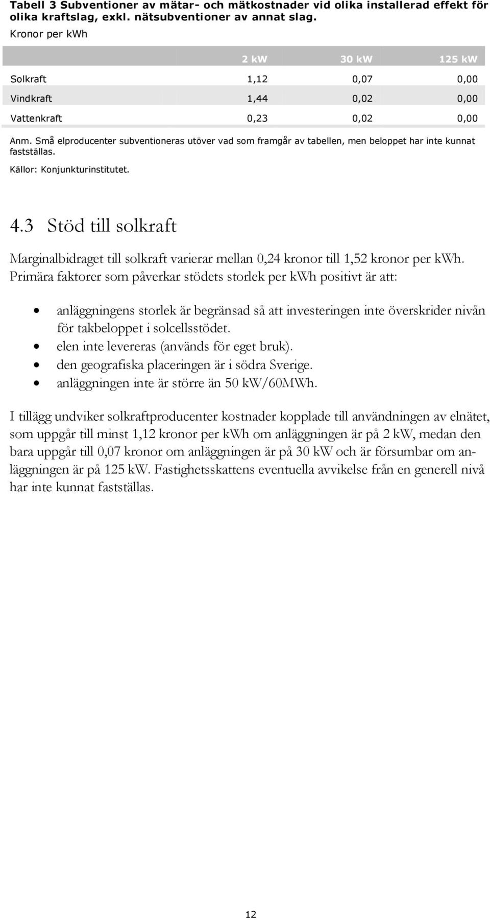 Små elproducenter subventioneras utöver vad som framgår av tabellen, men beloppet har inte kunnat fastställas. Källor: Konjunkturinstitutet. 4.