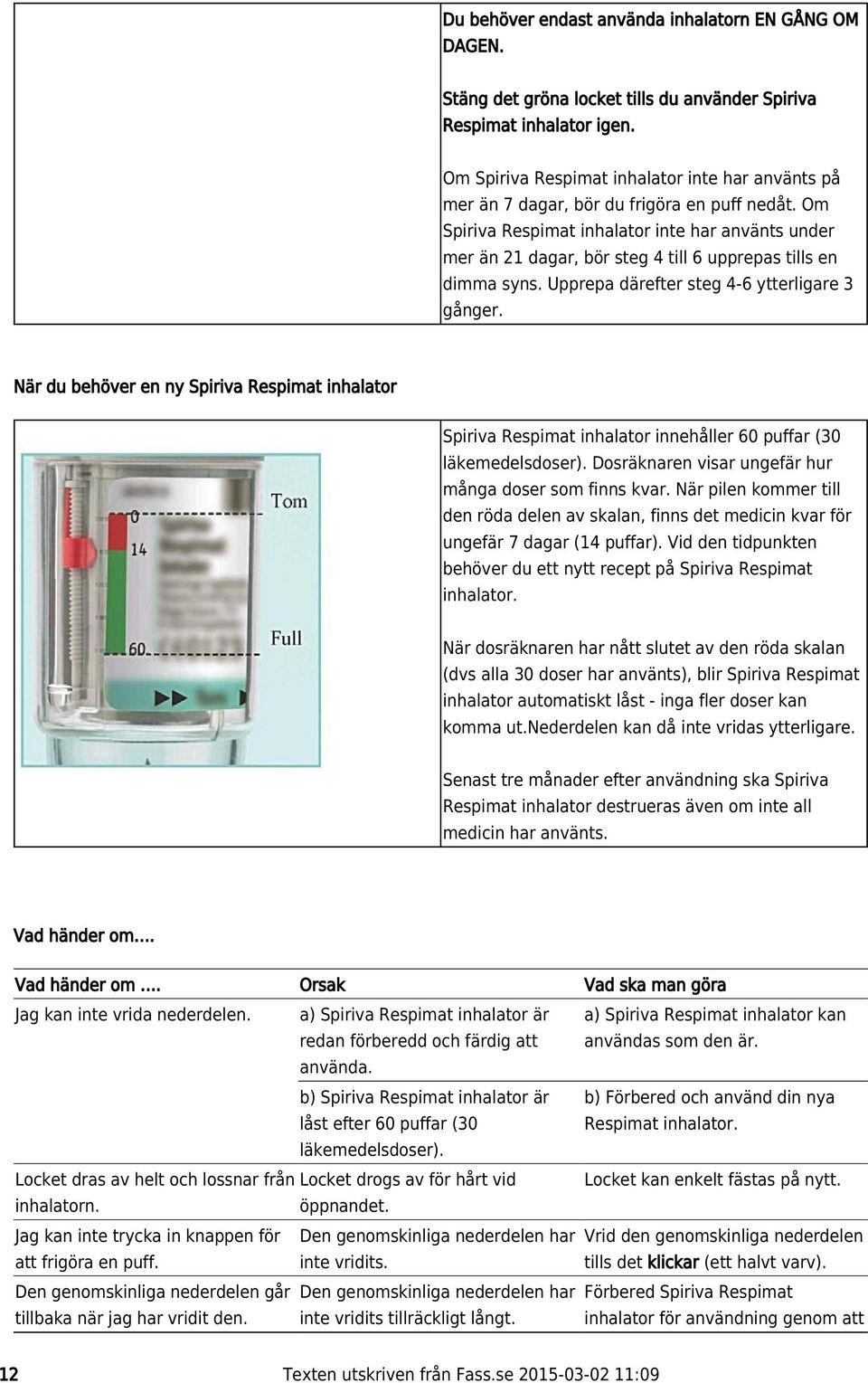 Om Spiriva Respimat inhalator inte har använts under mer än 21 dagar, bör steg 4 till 6 upprepas tills en dimma syns. Upprepa därefter steg 4-6 ytterligare 3 gånger.