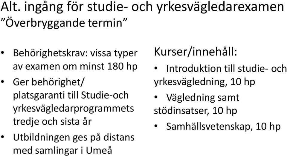 tredje och sista år Utbildningen ges på distans med samlingar i Umeå Kurser/innehåll: Introduktion