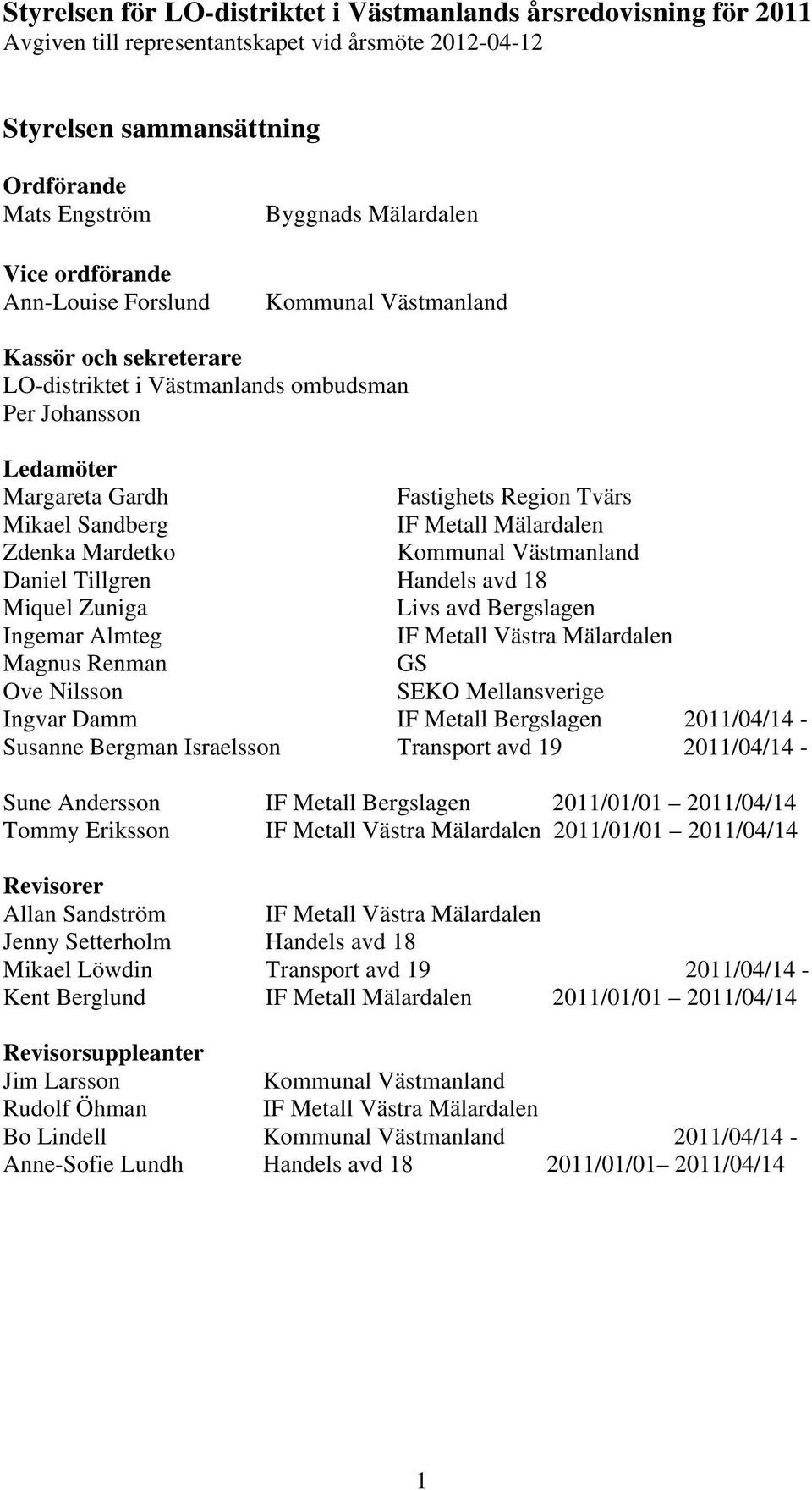 Metall Mälardalen Zdenka Mardetko Kommunal Västmanland Daniel Tillgren Handels avd 18 Miquel Zuniga Livs avd Bergslagen Ingemar Almteg IF Metall Västra Mälardalen Magnus Renman GS Ove Nilsson SEKO
