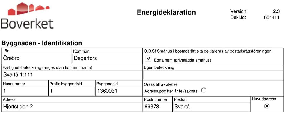 Svartå 1:111 O.B.S! Småhus i bostadsrätt ska deklareras av bostadsrättsföreningen.