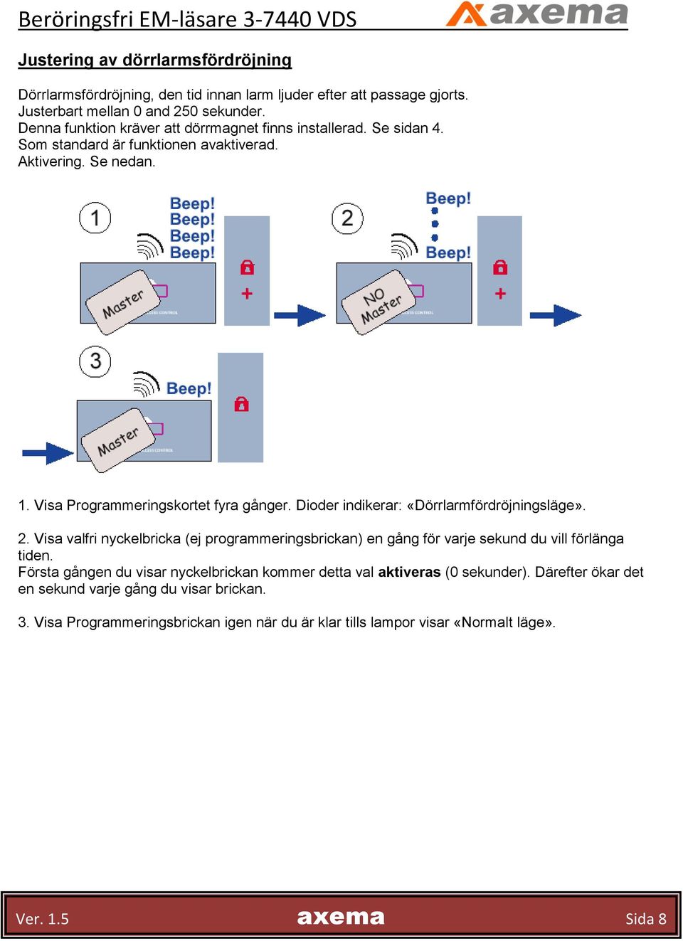 Dioder indikerar: «Dörrlarmfördröjningsläge». 2. Visa valfri nyckelbricka (ej programmeringsbrickan) en gång för varje sekund du vill förlänga tiden.