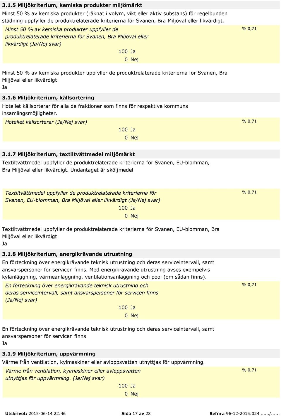 Minst 50 % av kemiska produkter uppfyller de produktrelaterade kriterierna för Svanen, Bra Miljöval eller likvärdigt (/Nej svar) 100 % 0,71 Minst 50 % av kemiska produkter uppfyller de