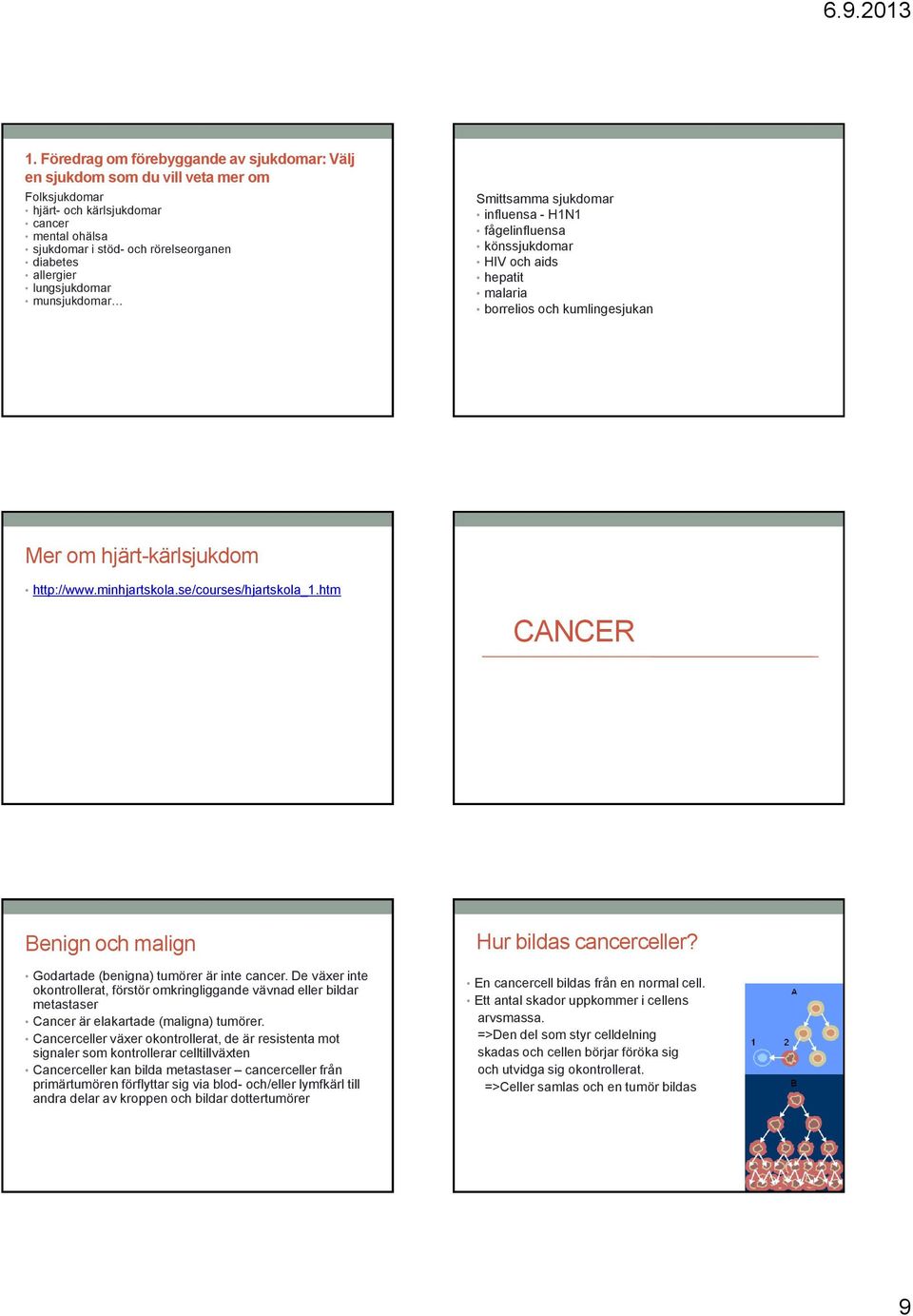 minhjartskola.se/courses/hjartskola_1.htm CANCER Benign och malign Godartade (benigna) tumörer är inte cancer.
