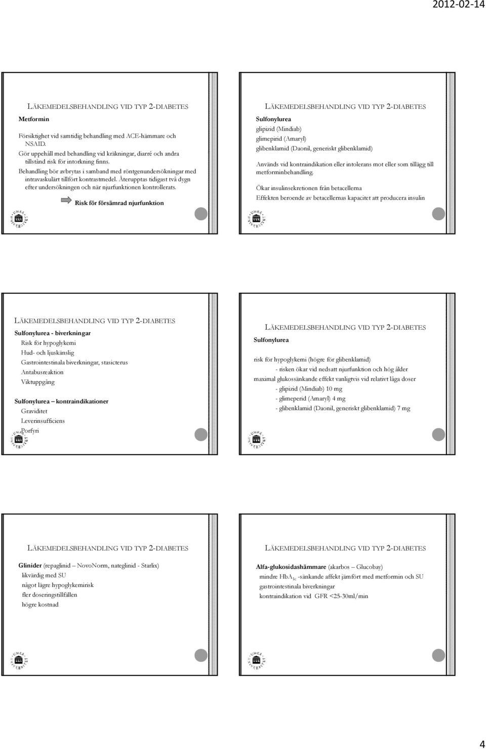 Risk för försämrad njurfunktion Sulfonylurea glipizid (Mindiab) glimepirid (Amaryl) glibenklamid (Daonil, generiskt glibenklamid) Används vid kontraindikation eller intolerans mot eller som tillägg