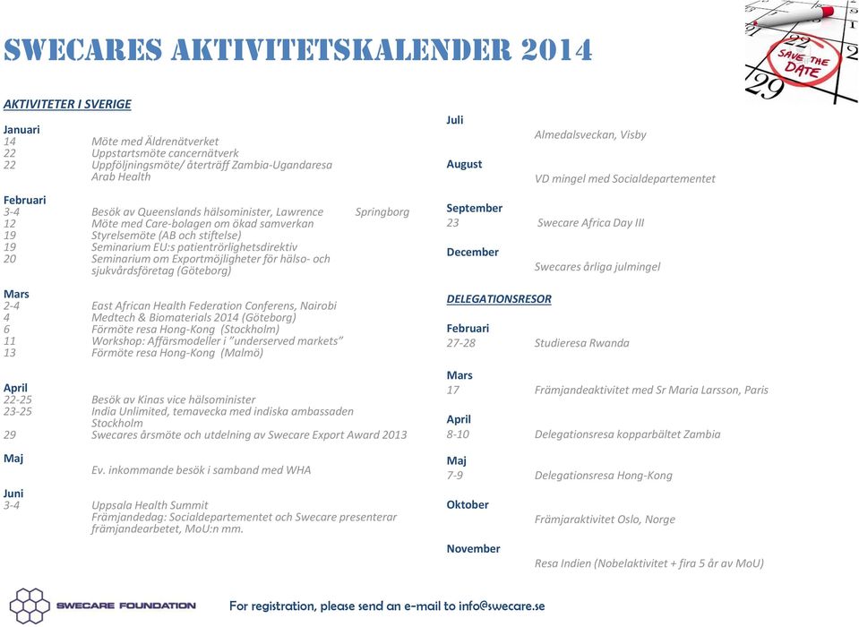 Exportmöjligheter för hälso- och sjukvårdsföretag (Göteborg) Mars 2-4 East African Health Federation Conferens, Nairobi 4 Medtech & Biomaterials 2014 (Göteborg) 6 Förmöte resa Hong-Kong (Stockholm)