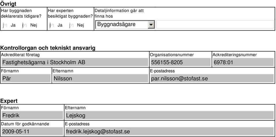 finna hos i Byggnadsägare Kontrollorgan och tekniskt ansvarig Ackrediterat företag Fastighetsägarna i AB