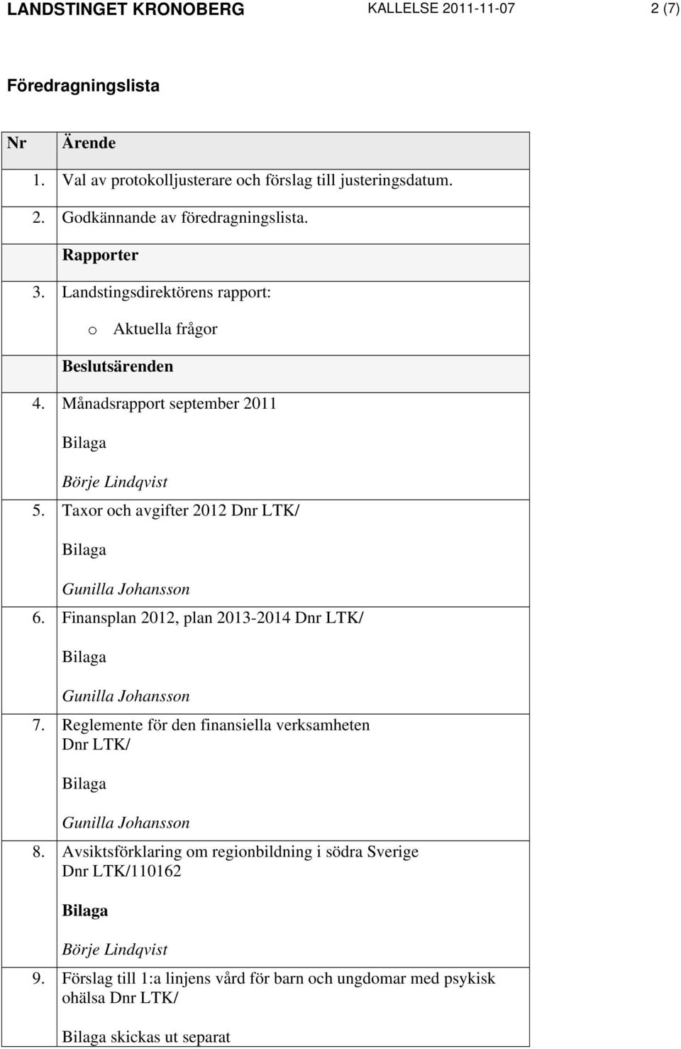 Taxor och avgifter 2012 Gunilla Johansson 6. Finansplan 2012, plan 2013-2014 Gunilla Johansson 7.
