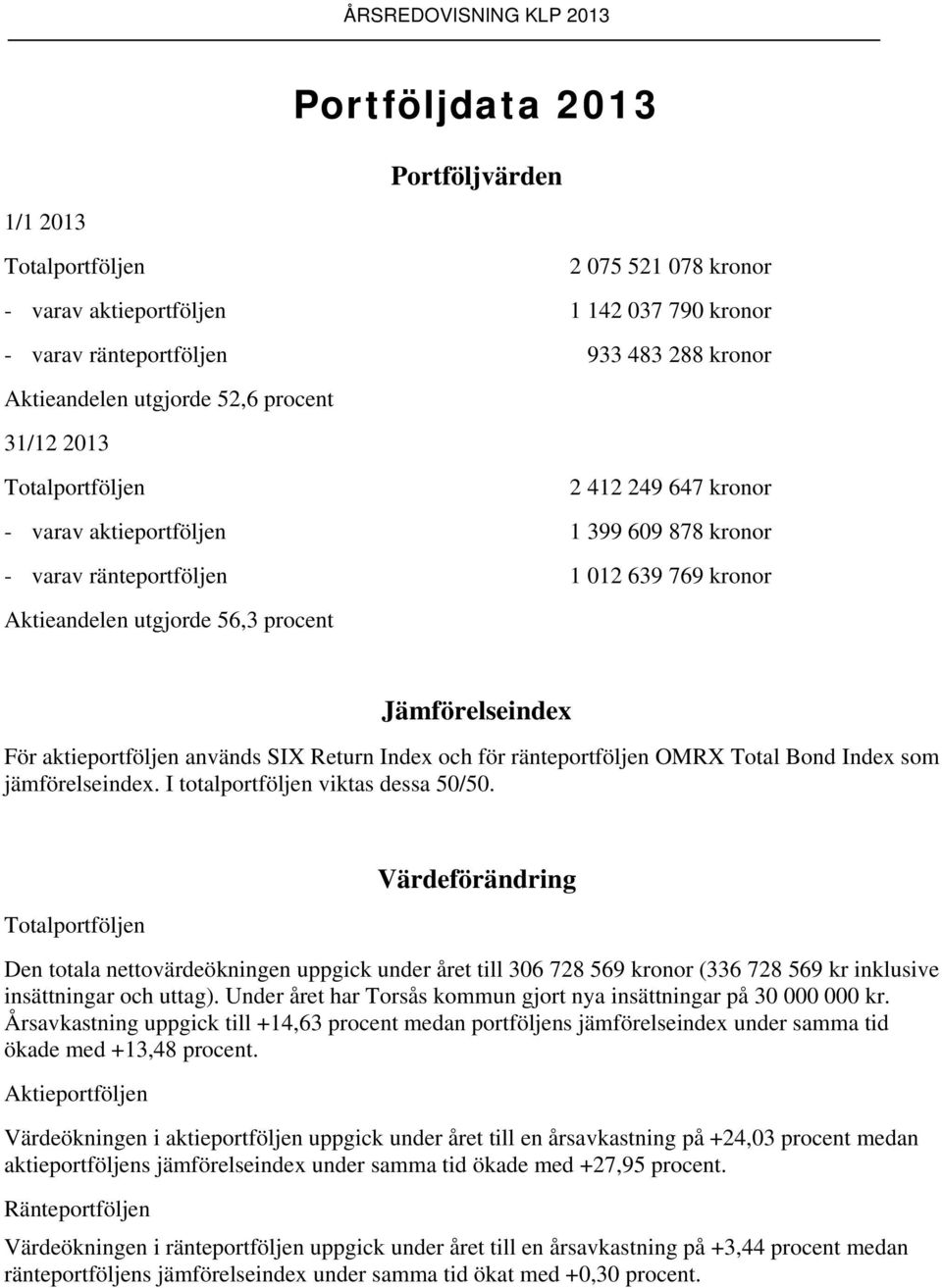 används SIX Return Index och för ränteportföljen OMRX Total Bond Index som jämförelseindex. I totalportföljen viktas dessa 50/50.