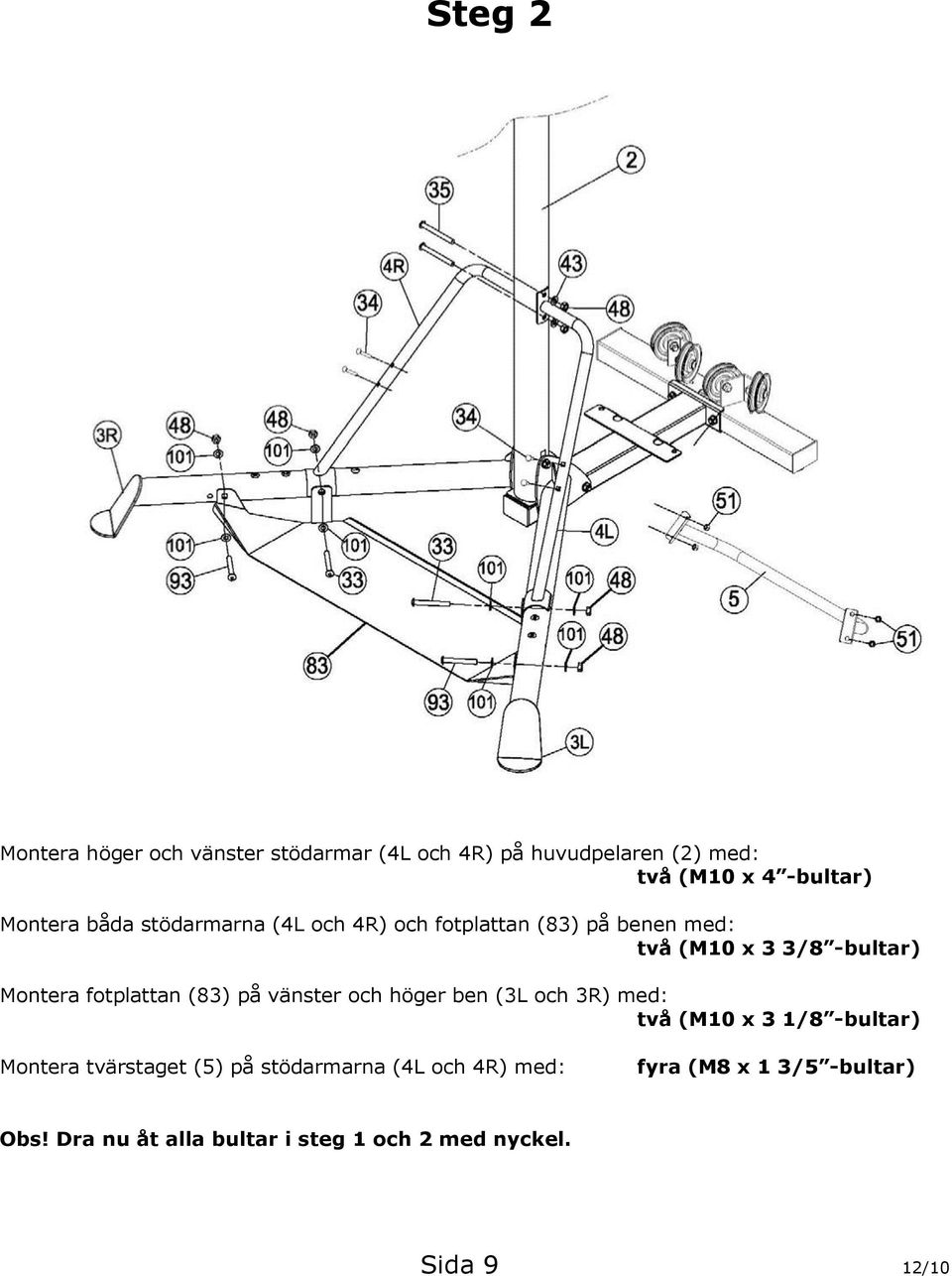 (83) på vänster och höger ben (3L och 3R) med: två (M10 x 3 1/8 -bultar) Montera tvärstaget (5) på