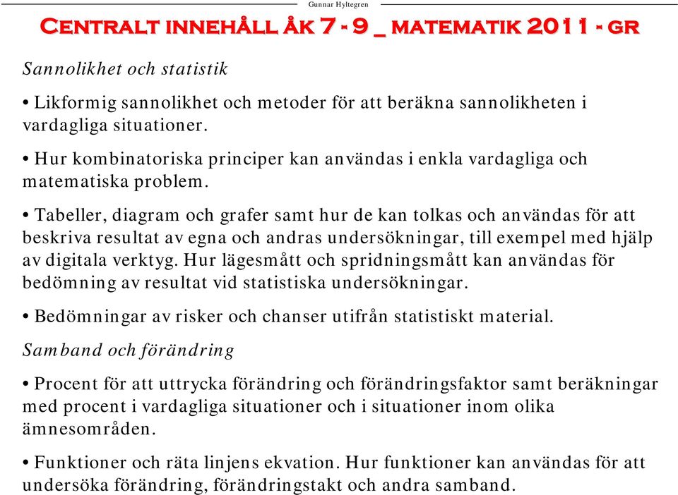 Tabeller, diagram och grafer samt hur de kan tolkas och användas för att beskriva resultat av egna och andras undersökningar, till exempel med hjälp av digitala verktyg.