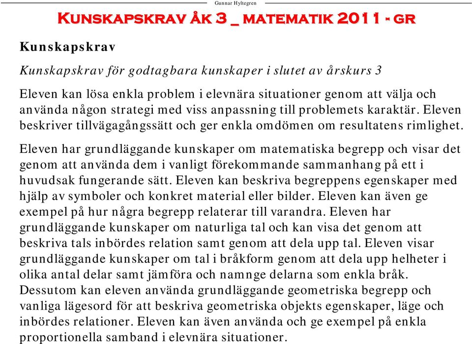 Eleven har grundläggande kunskaper om matematiska begrepp och visar det genom att använda dem i vanligt förekommande sammanhang på ett i huvudsak fungerande sätt.