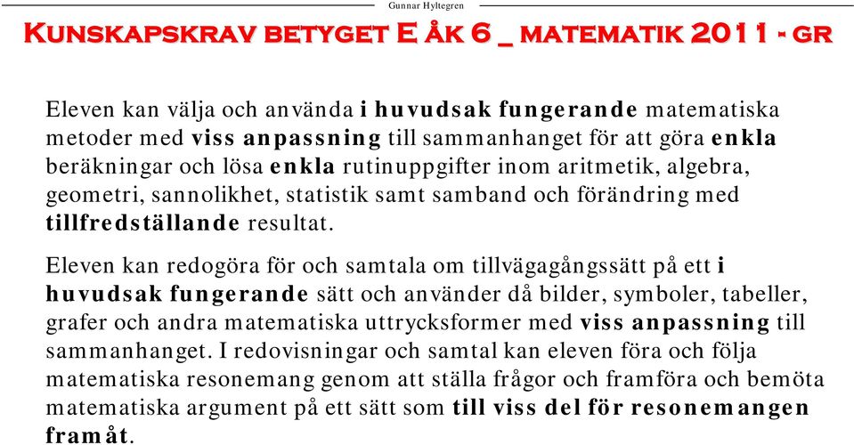 Eleven kan redogöra för och samtala om tillvägagångssätt på ett i huvudsak fungerande sätt och använder då bilder, symboler, tabeller, grafer och andra matematiska uttrycksformer med viss