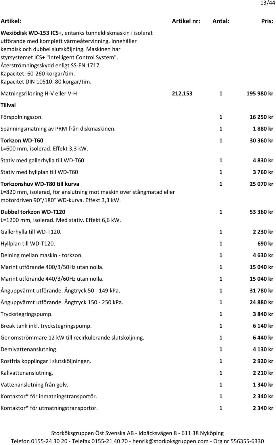 Matningsriktning H-V eller V-H 212,153 1 195 980 kr Förspolningszon. 1 16 250 kr Spänningsmatning av PRM från diskmaskinen. 1 1 880 kr Torkzon WD-T60 1 30 360 kr L=600 mm, isolerad. Effekt 3,3 kw.