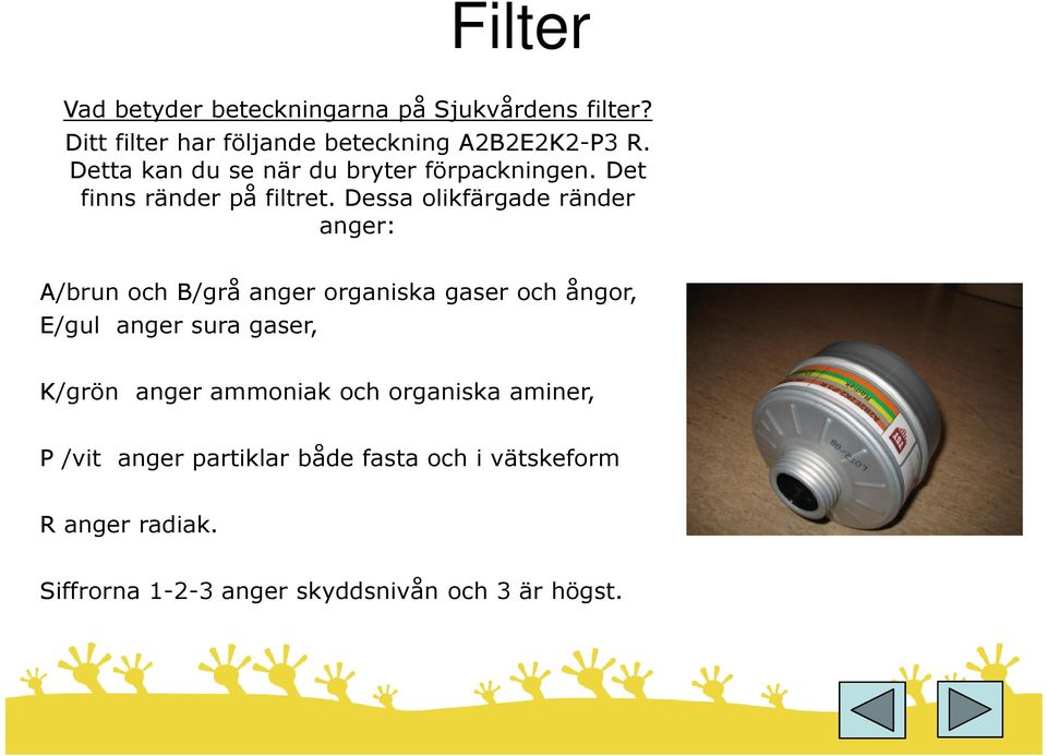 Dessa olikfärgade ränder anger: A/brun och B/grå anger organiska gaser och ångor, E/gul anger sura gaser,