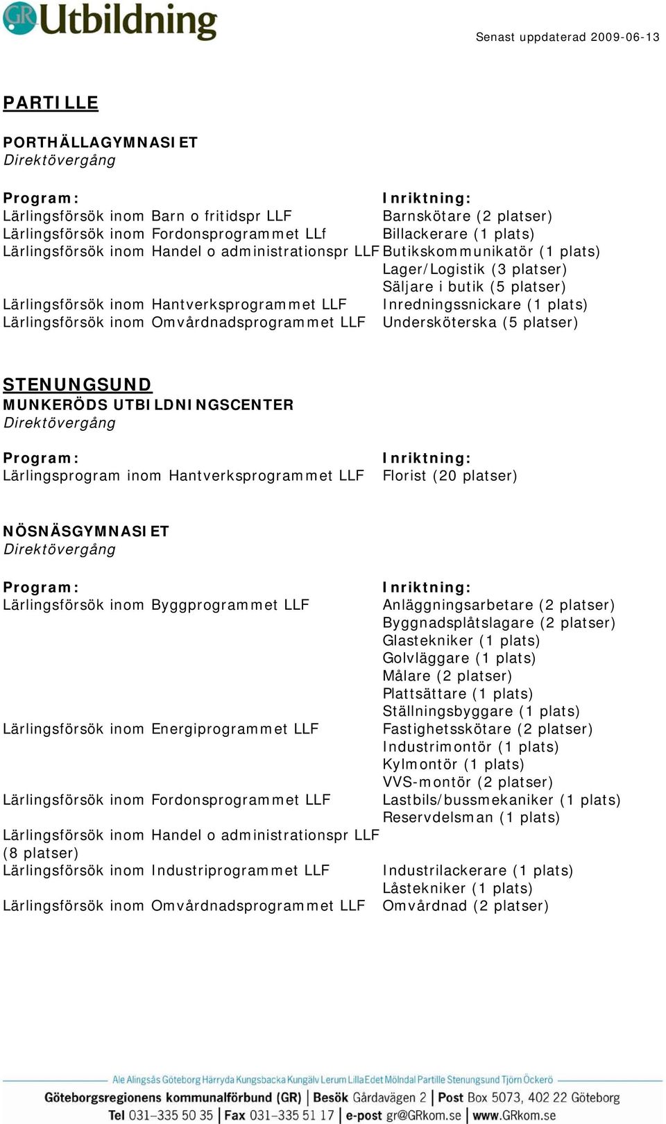 Omvårdnadsprogrammet LLF Undersköterska (5 platser) STENUNGSUND MUNKERÖDS UTBILDNINGSCENTER Lärlingsprogram inom Hantverksprogrammet LLF Florist (20 platser) NÖSNÄSGYMNASIET Lärlingsförsök inom