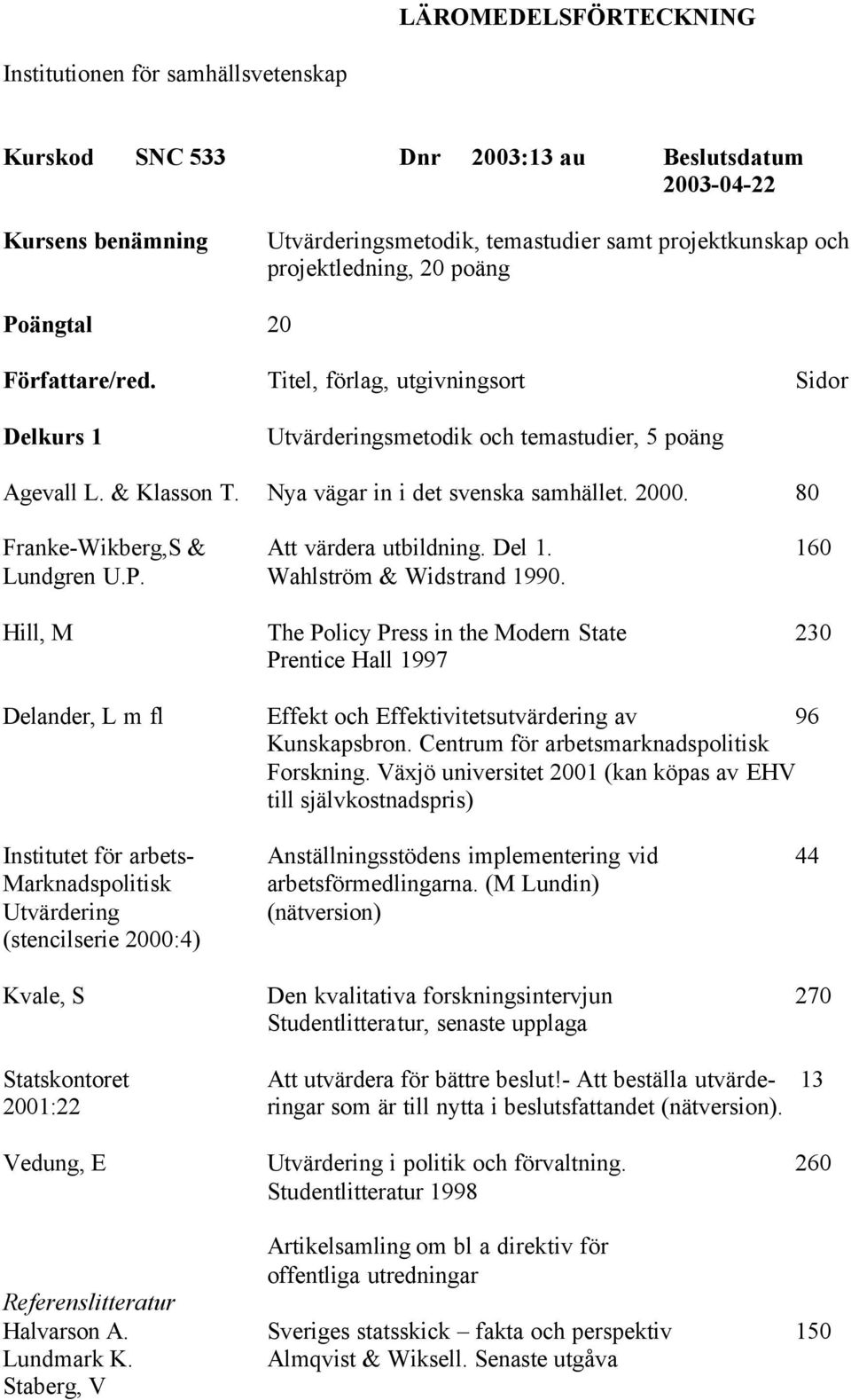 Nya vägar in i det svenska samhället. 2000. 80 Franke-Wikberg,S & Att värdera utbildning. Del 1. 160 Lundgren U.P. Wahlström & Widstrand 1990.