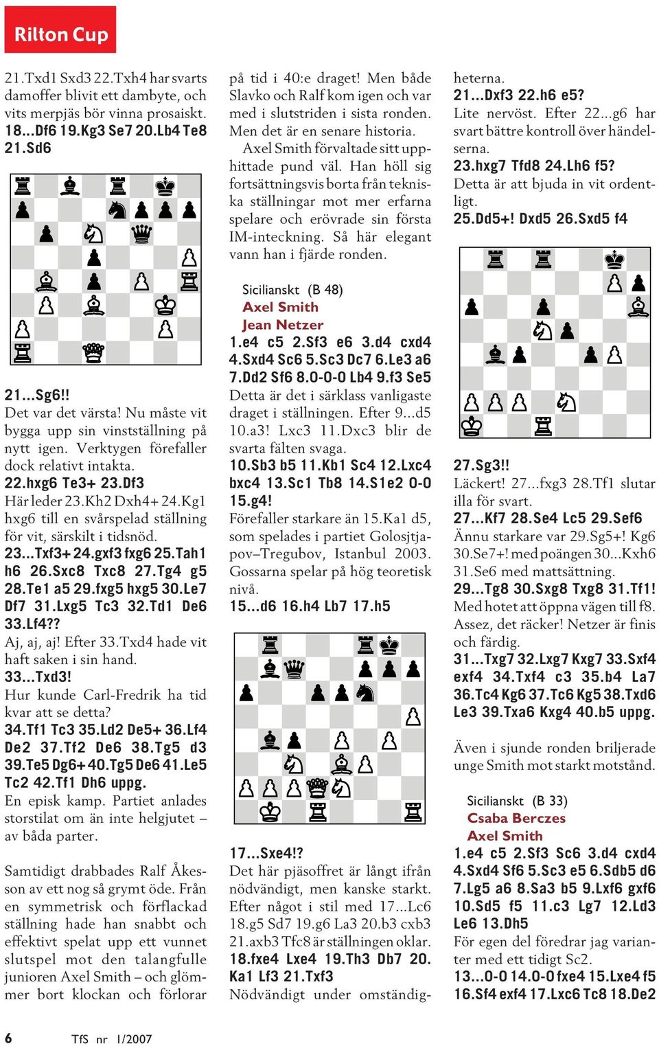 Kg1 hxg6 till en svårspelad ställning för vit, särskilt i tidsnöd. 23...Txf3+ 24.gxf3 fxg6 25.Tah1 h6 26.Sxc8 Txc8 27.Tg4 g5 28.Te1 a5 29.fxg5 hxg5 30.Le7 Df7 31.Lxg5 Tc3 32.Td1 De6 33.Lf4?