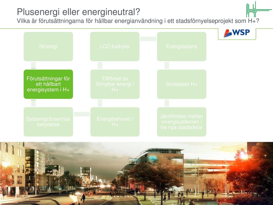 H+? Strategi LCC-kalkyler Energibalans Förutsättningar för ett hållbart energisystem i H+