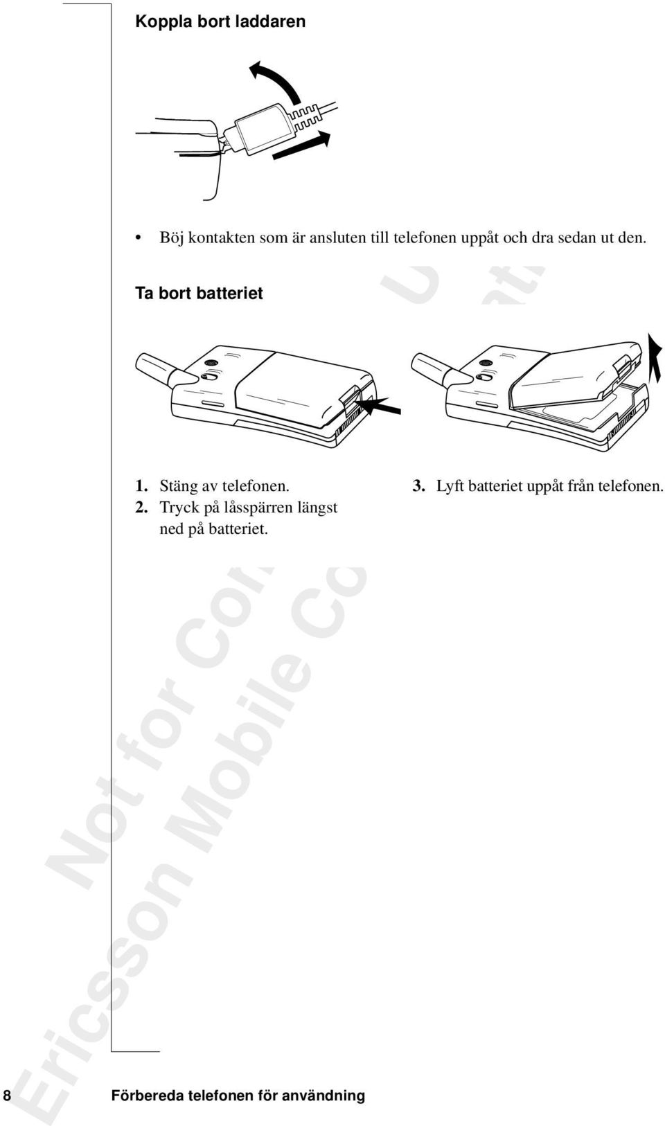 Stäng av telefonen. 2. Tryckpålåsspärrenlängst ned på batteriet.
