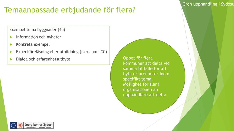 exempel Expertföreläsning eller utbildning (t.ex. om LCC) Dialog och erfarenhetsutbyte Öppet