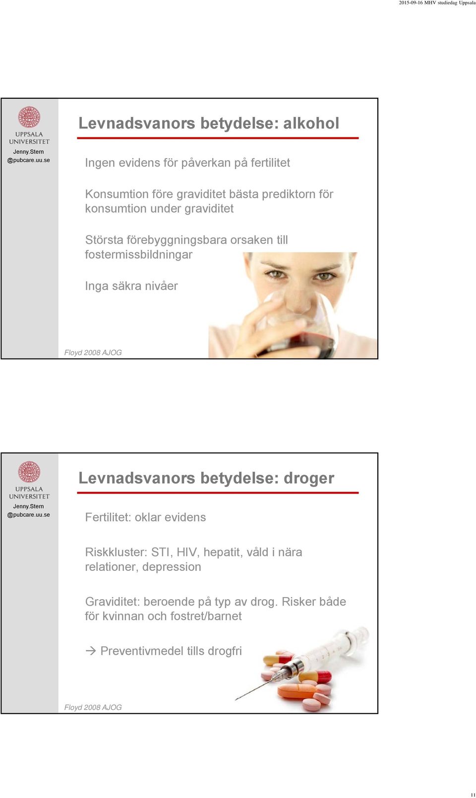 Levnadsvanors betydelse: droger Fertilitet: oklar evidens Riskkluster: STI, HIV, hepatit, våld i nära relationer,