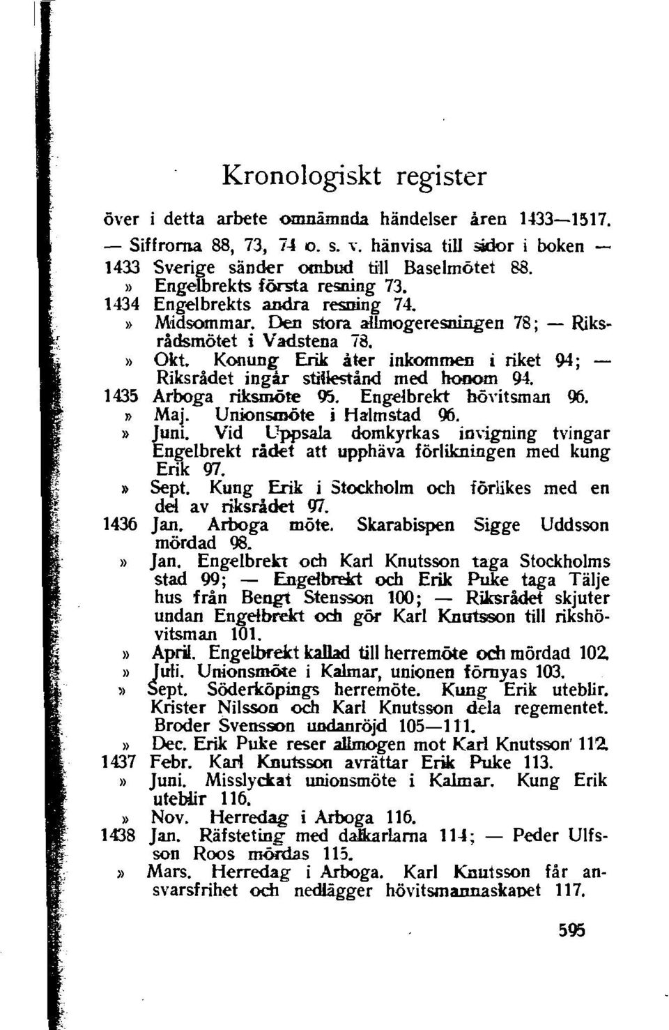 Konung Erik åter inkommen i riket 94; Riksrådet ingår stiuestånd med honom 94. 1435 Arboga riksmöte 95. Engelbrekt hövitsman 96.» Maj. Unionsmöte j Halmstad 96.» Juni.