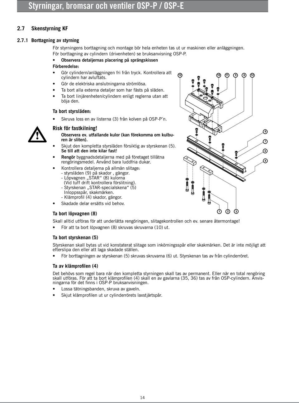 Kontrollera att cylindern har avluftats. Gör de elektriska anslutningarna strömlösa. Ta bort alla externa detaljer som har fästs på släden.