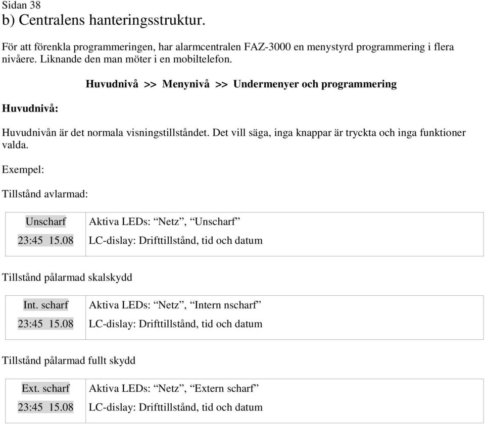 Det vill säga, inga knappar är tryckta och inga funktioner valda. Exempel: Tillstånd avlarmad: Unscharf 23:45 15.