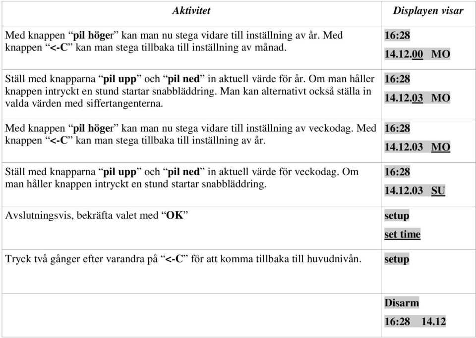 Med knappen pil höger kan man nu stega vidare till inställning av veckodag. Med knappen <-C kan man stega tillbaka till inställning av år.
