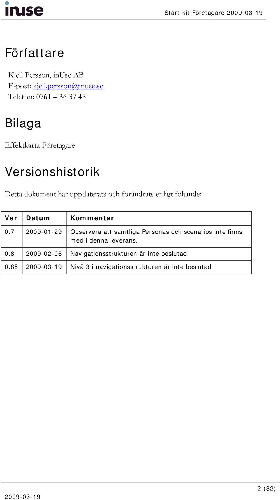 förändrats enligt följande: Ver Datum Kommentar 0.