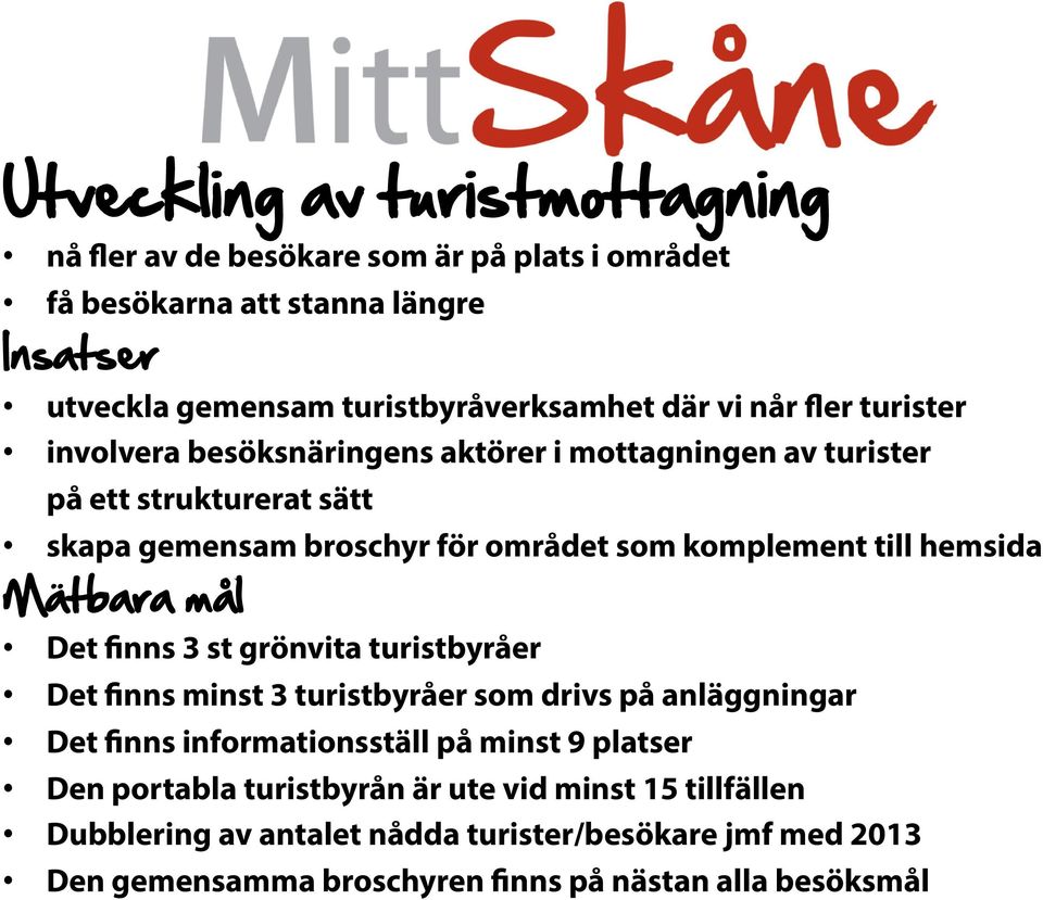 hemsida Mätbara mål Det finns 3 st grönvita turistbyråer Det finns minst 3 turistbyråer som drivs på anläggningar Det finns informationsställ på minst 9 platser