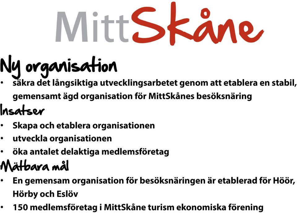 organisationen öka antalet delaktiga medlemsföretag Mätbara mål En gemensam organisation för