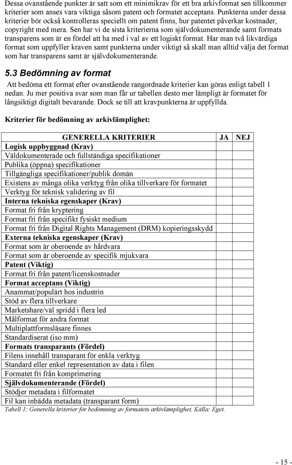 Sen har vi de sista kriterierna som självdokumenterande samt formats transparens som är en fördel att ha med i val av ett logiskt format.