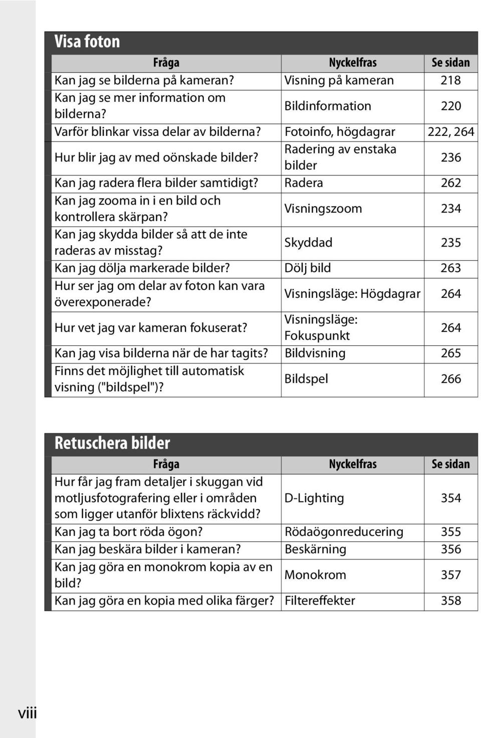 Visningszoom 234 Kan jag skydda bilder så att de inte raderas av misstag? Skyddad 235 Kan jag dölja markerade bilder? Dölj bild 263 Hur ser jag om delar av foton kan vara överexponerade?