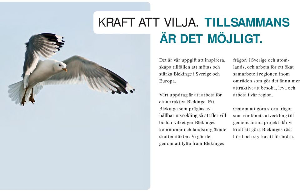 Ett Blekinge som präglas av hållbar utveckling så att fler vill bo här vilket ger Blekinges kommuner och landsting ökade skatteintäkter.