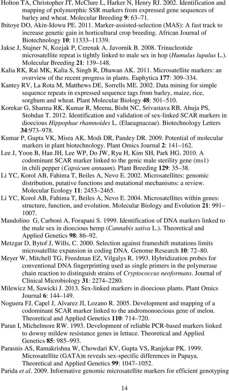 Jakse J, Stajner N, Kozjak P, Cerenak A, Javornik B. 2008. Trinucleotide microsatellite repeat is tightly linked to male sex in hop (Humulus lupulus L.). Molecular Breeding 21: 139 148.